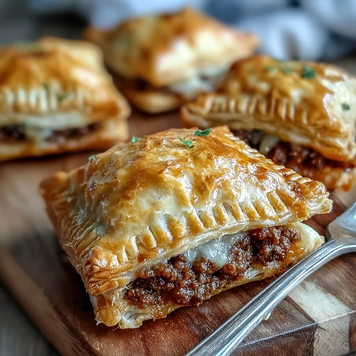 Festive Mini Beef Tourtières are arranged on a wooden board, served with cranberry chutney and fresh parsley garnish.