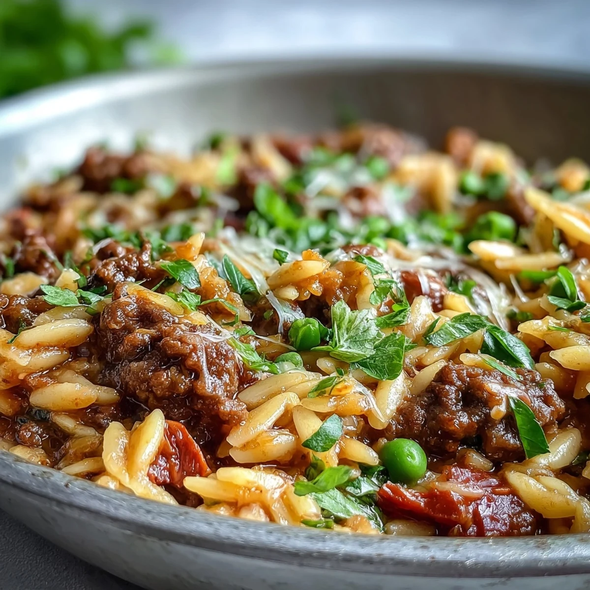 A bubbling skillet of Comforting Ground Beef Orzo Dinner with fresh parsley and melty Parmesan.
