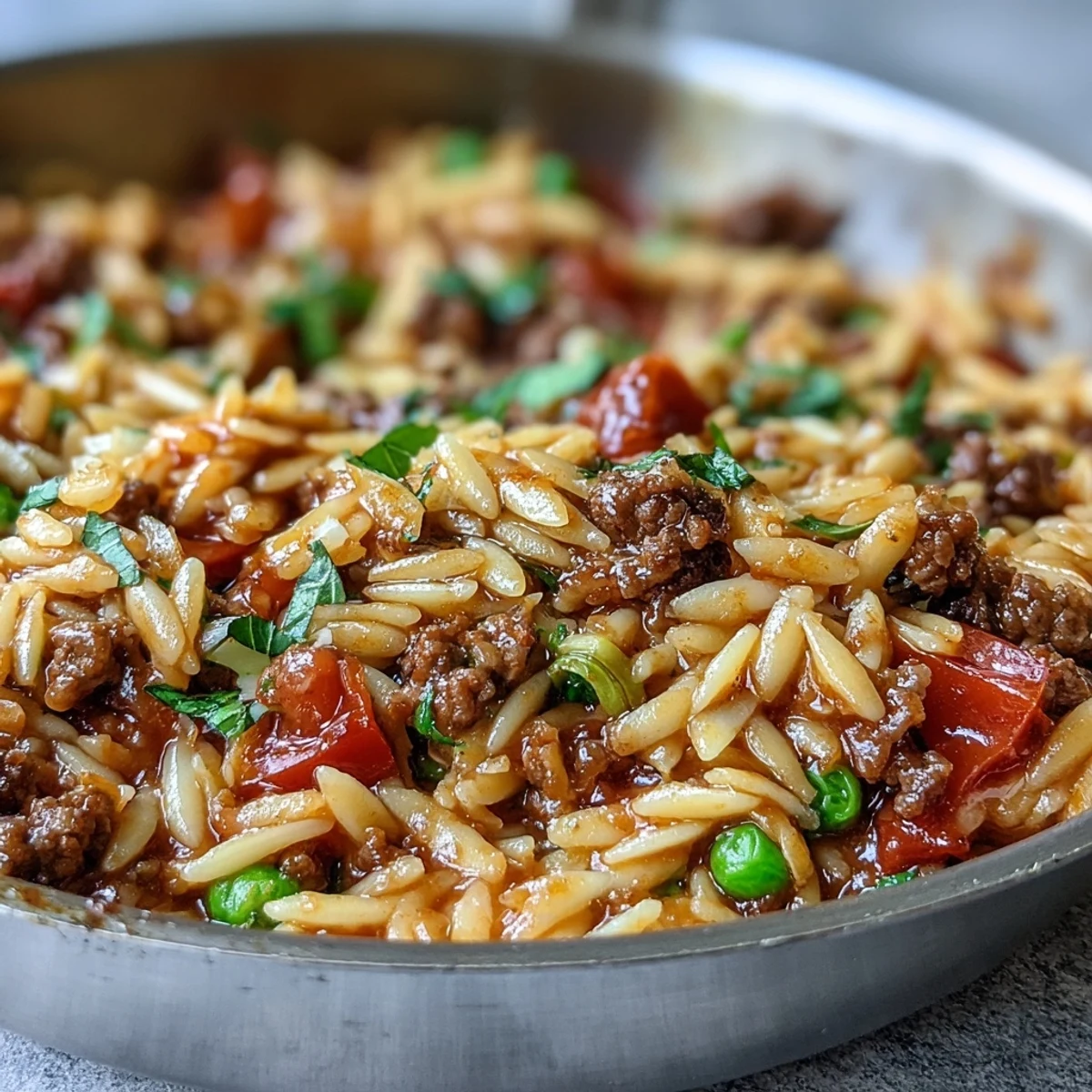 Easy one-pan Comforting Ground Beef Orzo Dinner served with a side of crusty bread for scooping.