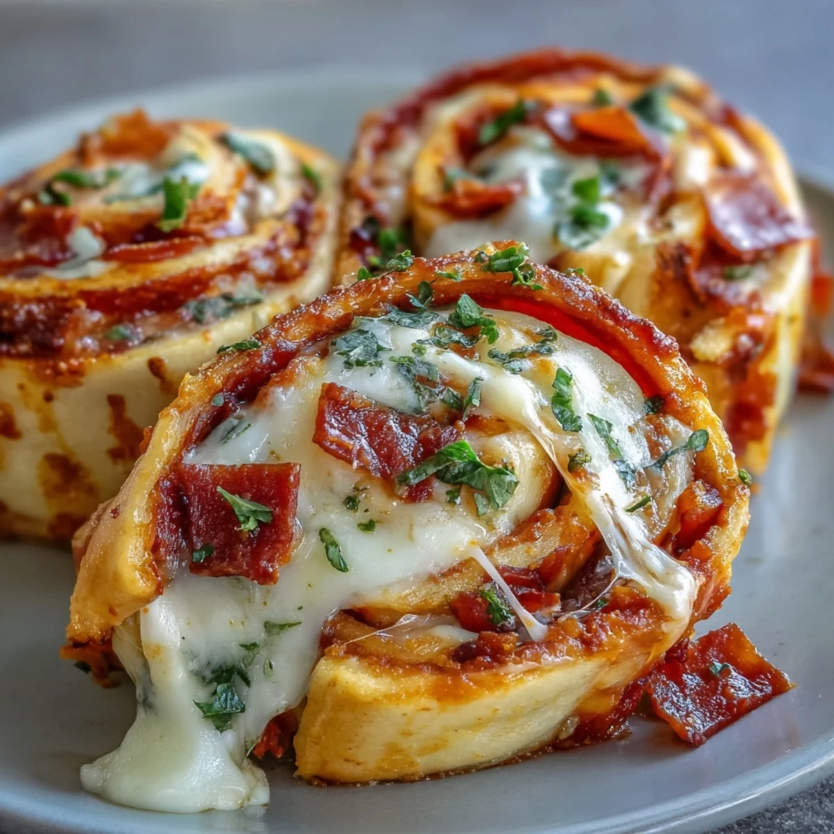 Golden-baked Tortilla Pizza Rolls filled with molten mozzarella, zesty tomato sauce, and pepperoni, sliced to show a gooey cheese pull.