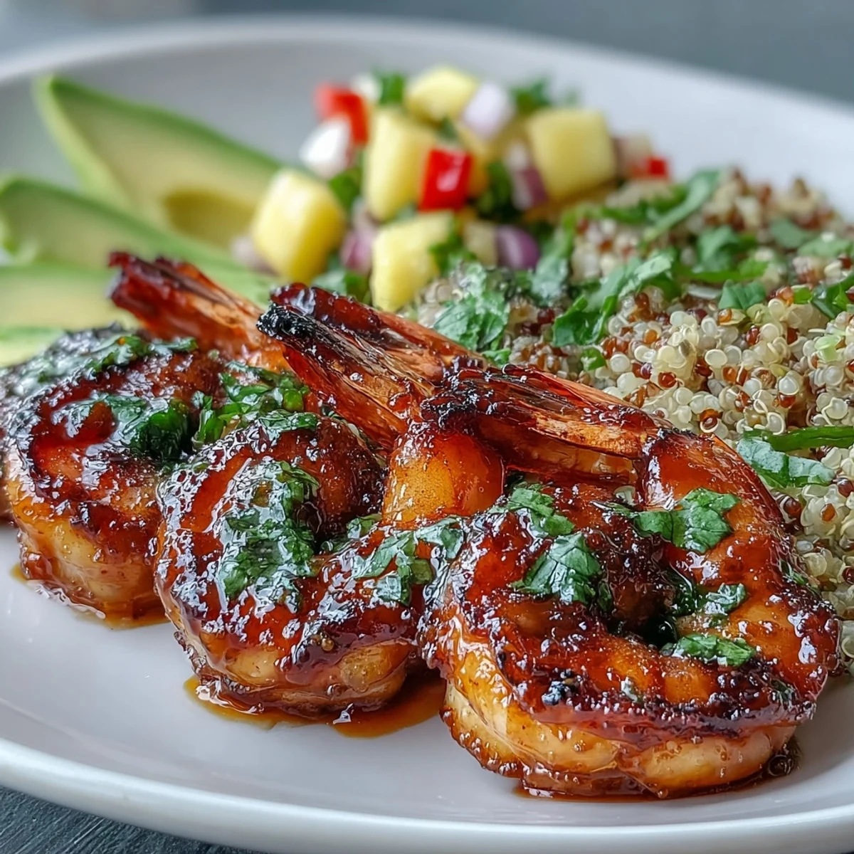 Grilled shrimp and creamy avocado slices sit atop nutty quinoa, all drenched in a tangy lime chili sauce and topped with fresh mango salsa for a complete meal.