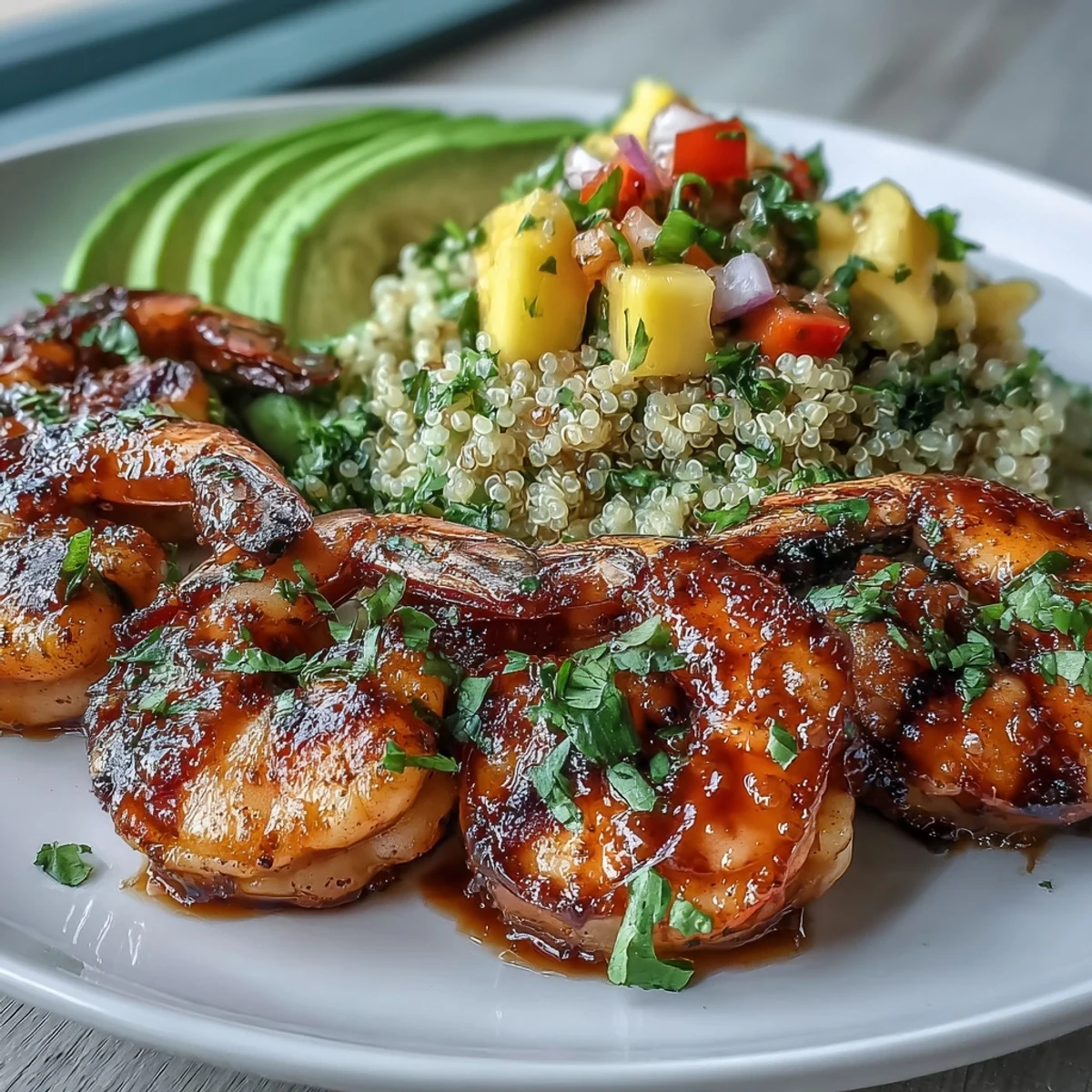 This beautiful bowl showcases smoky grilled shrimp, creamy avocado halves, and vibrant mango salsa over quinoa, finished with a drizzle of zesty lime chili sauce.