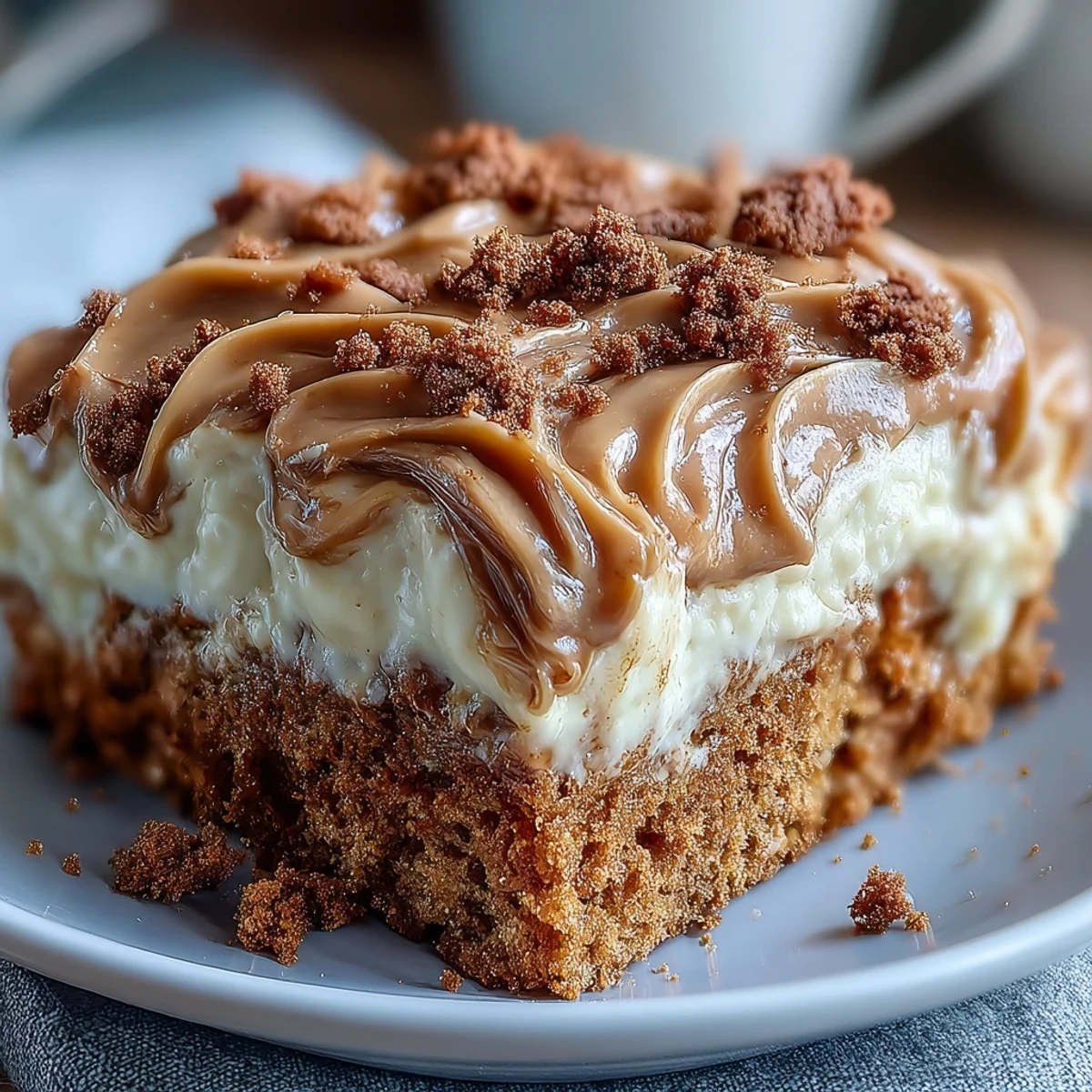 Close-up of Decadent Baked Biscoff Cake, showing the smooth, nutty Lotus frosting spread over the tender sponge.