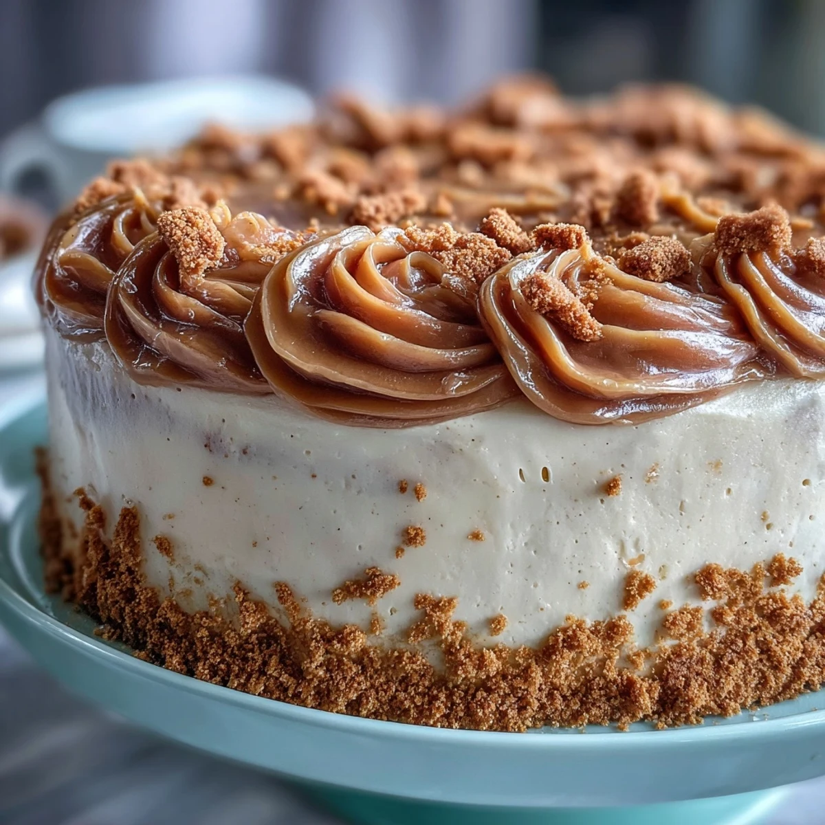 Golden crumbles top a slice of Decadent Baked Biscoff Cake, perfect with a hot cup of coffee.