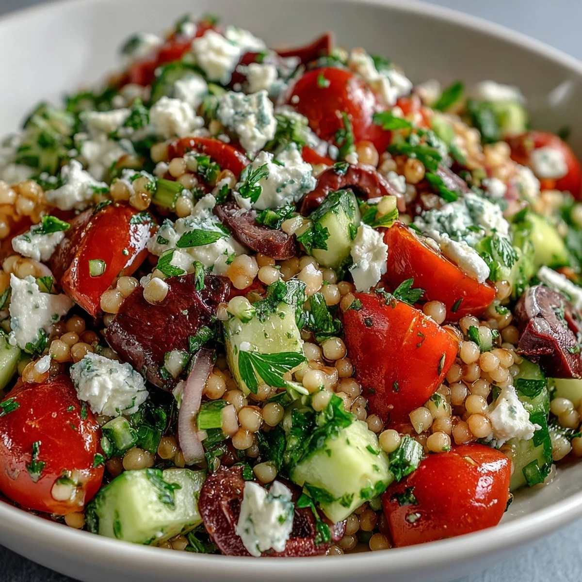 Mediterranean Pearl Couscous salad in a white bowl with feta, cherry tomatoes, and kalamata olives on a rustic wooden table.