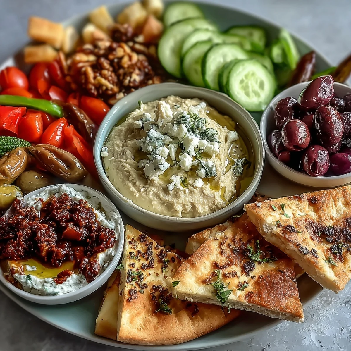 A generous Mediterranean Brunch Board with Dips and Flatbreads garnished with fresh herbs, surrounded by sliced cucumbers, tomatoes, and bell pepper strips.