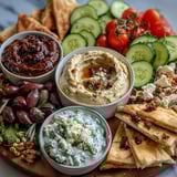Colorful Mediterranean Brunch Board with Dips and Flatbreads featuring feta, mixed nuts, and golden pita triangles, ready for a shareable weekend brunch.
