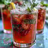 Strawberry Lemon Sparkling Mocktail with fresh strawberries, zesty lemon, and bubbly water in a chilled glass with mint garnish.