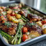 Healthy Easy Sheet Pan Chicken with Spring Veggies, golden chicken breasts roasted alongside vibrant asparagus, cherry tomatoes, and sugar snap peas.  