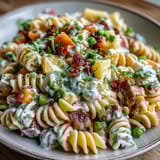 Creamy ranch pasta salad featuring diced ham, sweet pineapple, and crisp veggies, ideal for picnics and potlucks.  