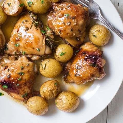 One-Pan Honey Garlic Chicken and Roasted Potatoes served hot with golden crispy skin and tender baby potatoes.