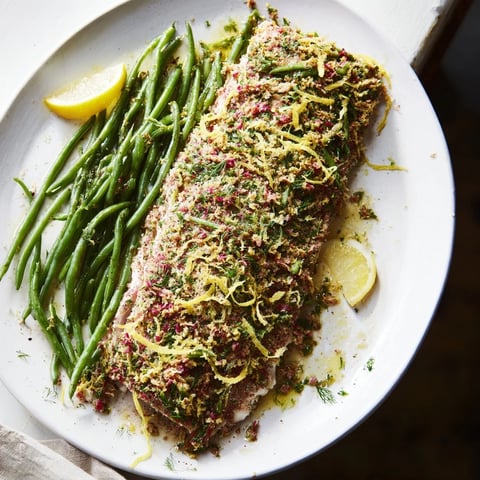 Sheet Pan Lemon Herb Tilapia and Green Beans, perfectly roasted fish and green beans on a sheet pan, ready to serve.