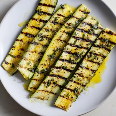Grilled garlic herb zucchini, glistening with oil, herbs, and lemon, ready to eat!