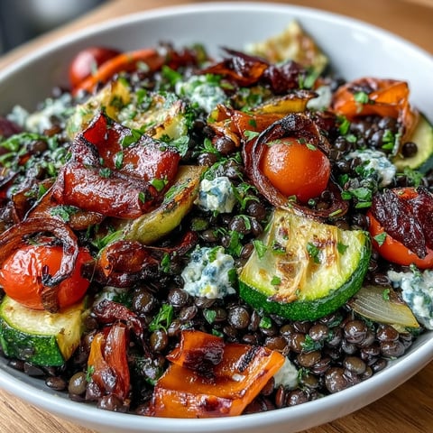 Vibrant black lentil salad with colorful roasted vegetables and a tangy lemon dressing.