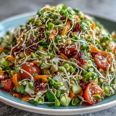 A close-up of a colorful Sprouted Seed Salad with mung bean, alfalfa, and radish sprouts mixed with diced vegetables in a light dressing.