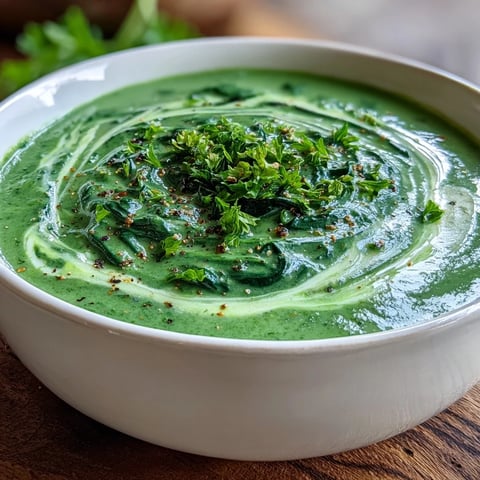 Creamy spinach soup served in a white bowl with a swirl of cream and black pepper.