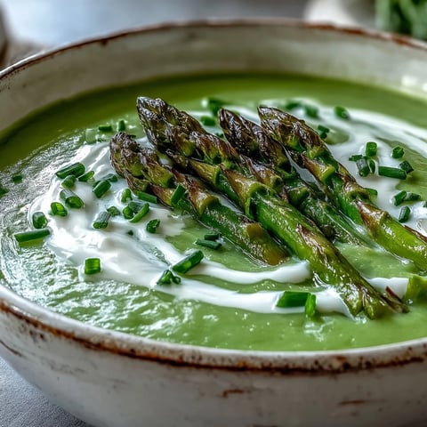 A bowl of creamy asparagus soup garnished with tender blanched tips and fresh chives on a rustic table.  