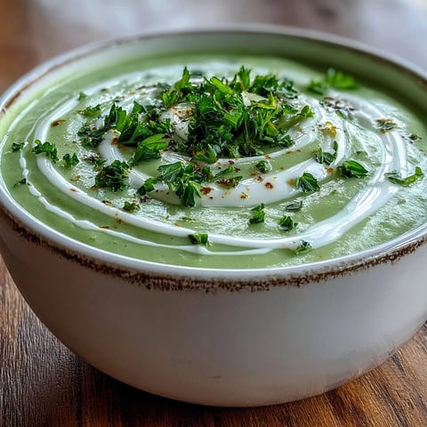 A bowl of creamy Zucchini Soup garnished with fresh herbs and a swirl of cream, perfect for a light summer starter.