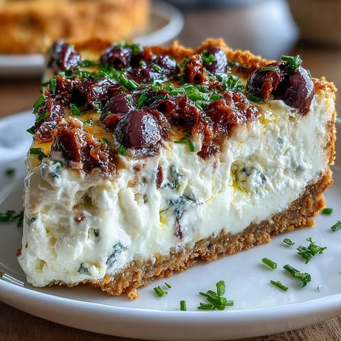 Freshly baked Kalamata cheesecake appetizer garnished with chopped parsley and sliced olives, set on a marble board.