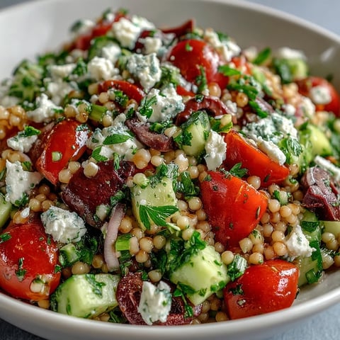Mediterranean Pearl Couscous salad in a white bowl with feta, cherry tomatoes, and kalamata olives on a rustic wooden table.