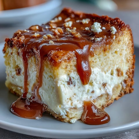 Freshly baked Caramel Cream Cheese Bread showing golden-brown crust and a slice cut out to reveal the creamy cheesecake-like filling.