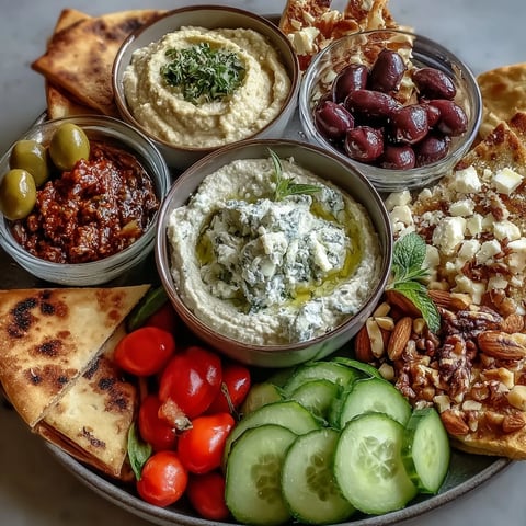 Mediterranean Brunch Board with Dips and Flatbreads arranged with creamy hummus, baba ganoush, and vibrant tzatziki, alongside crisp veggies and briny olives.