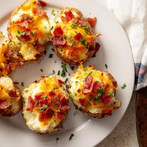 A close-up of cheesy Loaded Sweet Potato Skins with a crispy bacon topping, ready to eat.