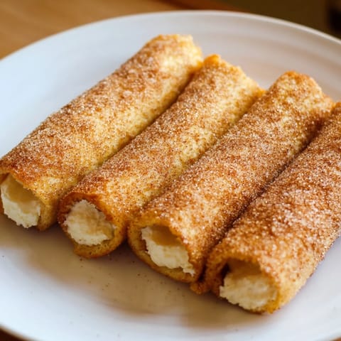 A close-up of delicious Easy French Toast Roll-Ups shows the sweet, creamy filling and crispy edges.