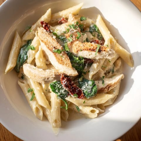 This Creamy Tuscan Chicken Pasta features sliced, golden chicken nestled in a vibrant, creamy sauce.