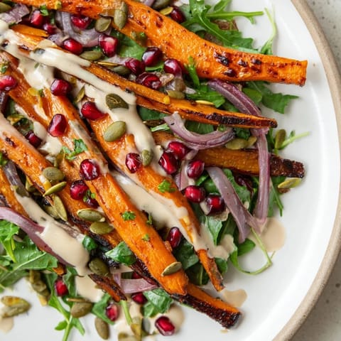 This Roasted Carrot Salad has caramelized carrots with a tangy, flavorful tahini dressing.