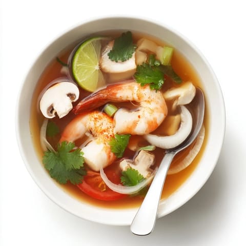 Close-up of a flavorful Spicy Tom Yum Soup with mushrooms, shrimp, and aromatic broth ready to serve.