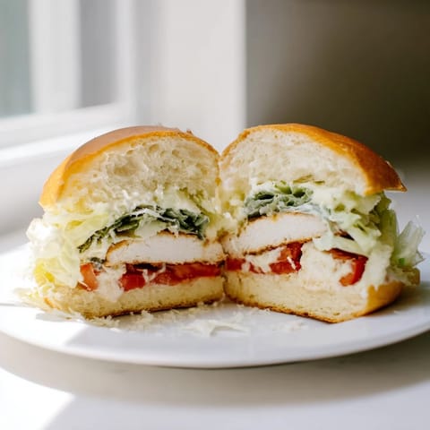 A juicy Caesar Chicken Sandwich featuring a perfectly charred patty, fresh lettuce, and melted Parmesan, served between toasted buns.