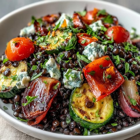 Hearty black lentil salad, featuring tender roasted vegetables and fresh herbs, ready to serve.