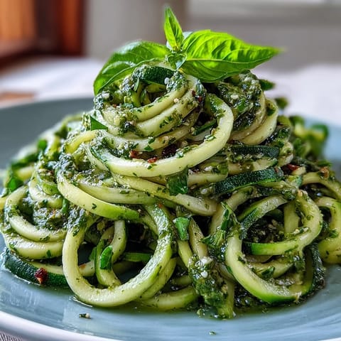 Vibrant zucchini noodles with fresh basil pesto, a healthy, quick Italian-inspired meal.