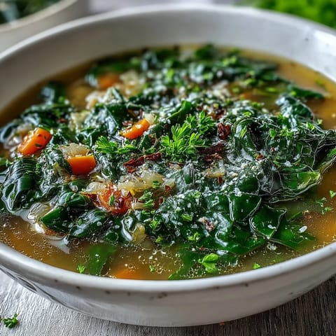Swiss Chard Soup simmered with garlic and carrots, ready to serve with crusty bread for a comforting vegetarian meal.