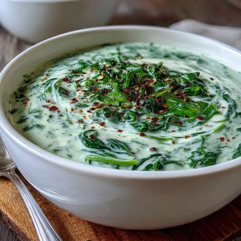 A bowl of homemade spinach soup garnished with a dollop of yogurt and fresh herbs.