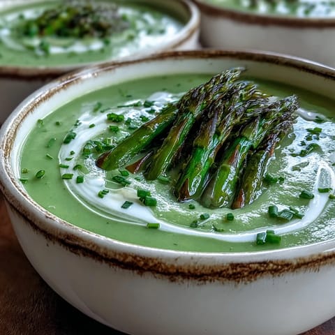 Velvety green asparagus soup in a white ceramic bowl, steam rising beside a crusty bread slice.  