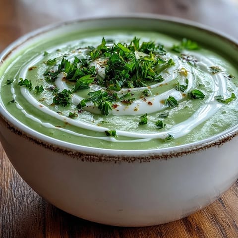 A bowl of creamy Zucchini Soup garnished with fresh herbs and a swirl of cream, perfect for a light summer starter.