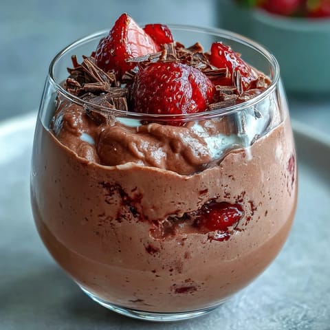 Chocolate-Covered Strawberry Mousse served chilled in clear glasses, featuring smooth ganache and bright red berries on top.