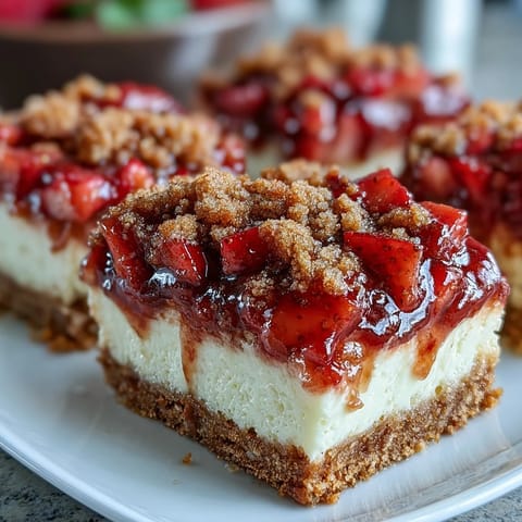 Creamy Strawberry Cheesecake Bars cut into squares, revealing layers of buttery crust and bright fruit topping on a rustic table.