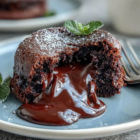 Freshly baked Chocolate Lava Cakes with Espresso are garnished with cocoa powder and steam rising from the gooey, dark chocolate interior.