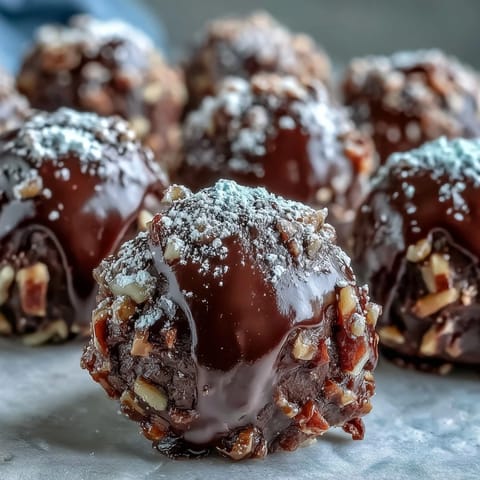 Hand-rolled Chocolate Truffles coated in chopped pistachios and powdered sugar for serving.