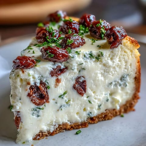 Savory Kalamata cheesecake appetizer served on a wooden board with crackers, perfect for party sharing.