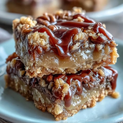 A close-up slice of Decadent Sweet and Chewy Turtle Bars reveals gooey caramel pooling over toasted oats and crunchy pecans.