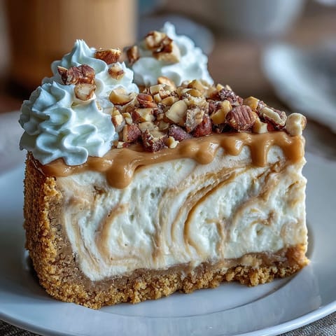 Tall Nutter Butter Cheesecake with fluffy whipped cream topping and chopped peanut garnish on a marble board.