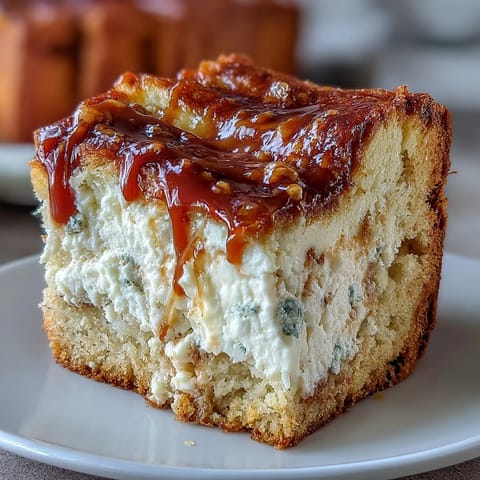 A close-up of Caramel Cream Cheese Bread drizzled with caramel sauce, served warm on a plate for breakfast or dessert.