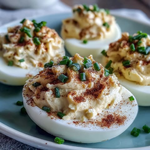 Close-up of Million Dollar Deviled Eggs garnished with paprika and fresh chives.