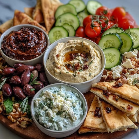 Colorful Mediterranean Brunch Board with Dips and Flatbreads featuring feta, mixed nuts, and golden pita triangles, ready for a shareable weekend brunch.