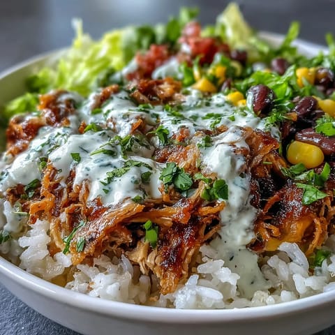 A generous Carnitas Burrito Bowl arranged with seasoned shredded pork, golden rice, sweet corn, black beans, and vibrant toppings including zesty salsa and cilantro.
