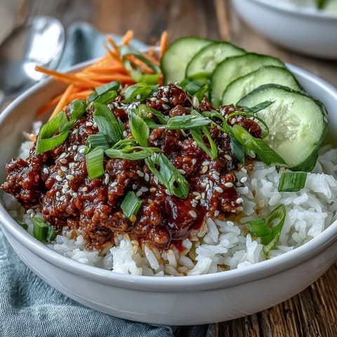 Easy Korean Beef Bowl served over fluffy white rice with green onions and sesame seeds.